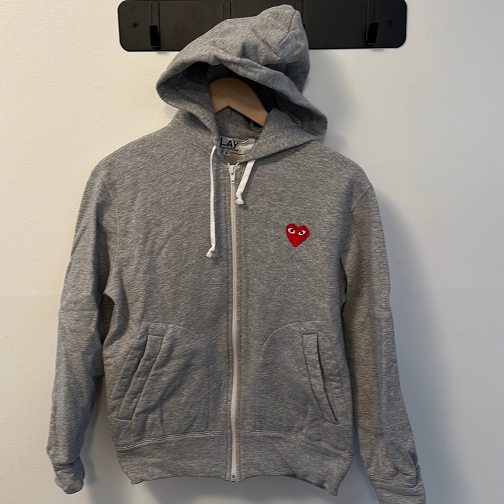 Comme des Garcons Play Men’s Small Grey Zip Up Hoodie Red Heart